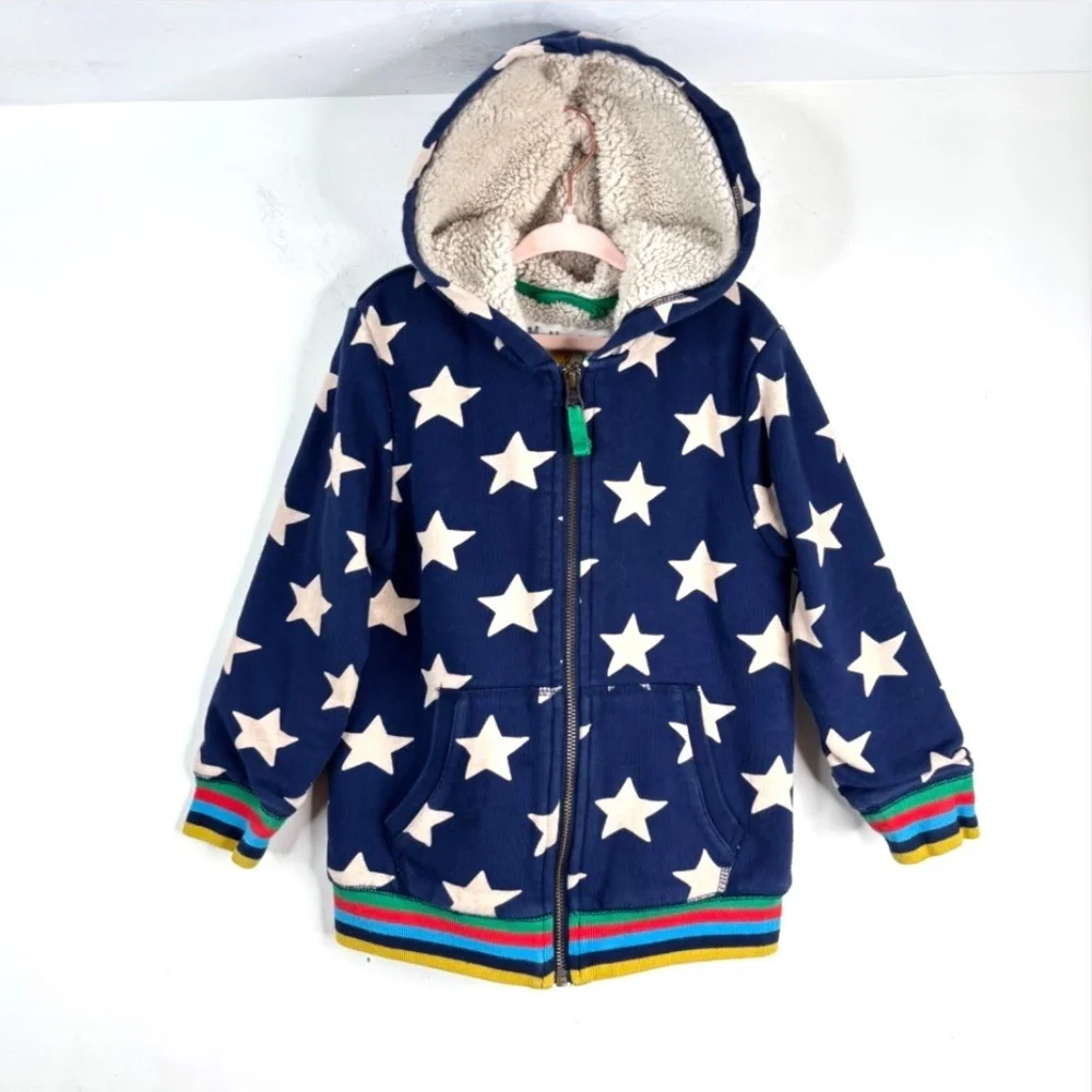 Mini Boden Sherpa Lined Star Hoodie 5-6Y Rainbow Trim Unisex Navy Preppy School